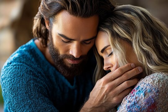 Jesus comforting a grieving mother, placing His hand on her shoulder as she mourns, offering words of hope and solace