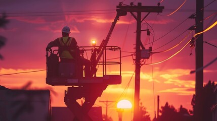 Silhouette of Worker in Lift Against Vibrant Sunset Skies