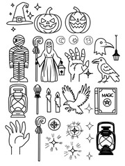 Set line art drawing clipart halloween holiday party invitation Witch minimalist icons magic item prop Gothic sticker design elements occult scary theme monster outline pumpkin contour creature design