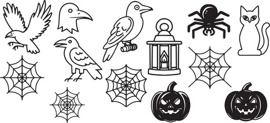 Set line art cat contour animal drawing raven bird clipart halloween holiday party Witch minimalist icon spider web lantern prop Gothic sticker design element outline scary theme creepy character item