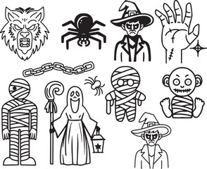 Set line art drawing clipart halloween holiday party invitation Witch minimalist icons magic item prop Gothic sticker design elements occult scary theme monster outline pumpkin contour creature design