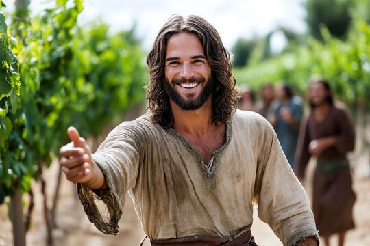 Jesus walking through a vineyard, teaching His disciples about the vine and the branches, symbolizing the importance of remaining connected to Him