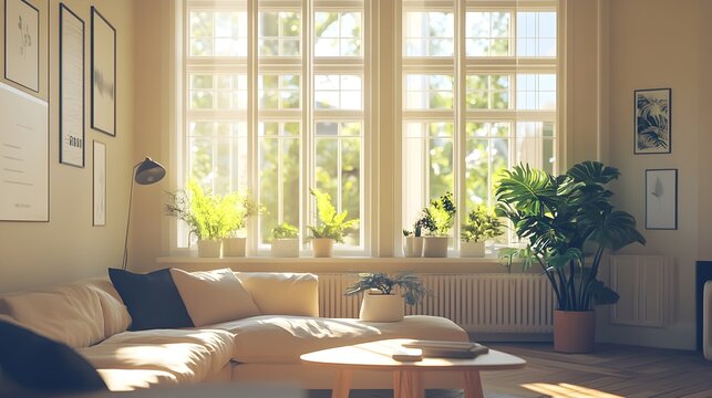 A cozy living room with a digital doorbell camera on the wall, bright sunlight streaming through the windows,No blurriness