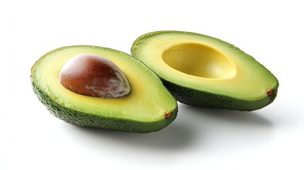 11. A sliced avocado with its creamy green flesh and pit exposed, arranged on a clean white surface