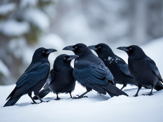 Fototapeta premium Group of Ravens Gathered in Snow-Covered Forest, Depicting Flock Behavior and Wildlife in a Winter Landscape