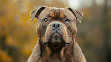 Fototapeta premium Close-up of brown dog with serious expression, autumn background. Animal portrait and nature concept