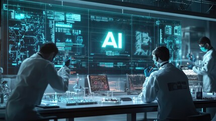 A cutting-edge laboratory with "AI" displayed centrally on a digital interface and scientists conducting experiments