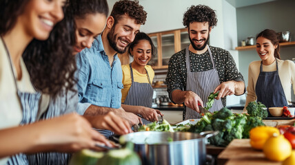 A group of people are gathered around a kitchen counter, preparing food together