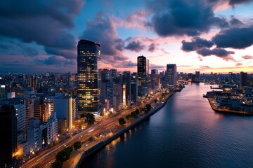 Fototapeta premium Osaka cityscape captured at twilight, where the last light of the day glows softly on the buildings before the city comes alive with neon lights