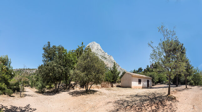  mount sainte-victoire in the provence, the Cezanne mountain with olive trees and farmers hut