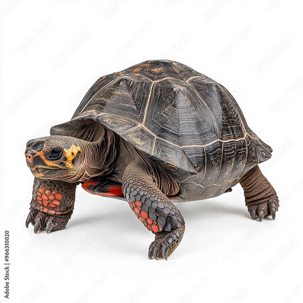 Poster close-up view captures a red-footed tortoise as it walks across a clean surface, highlighting its di