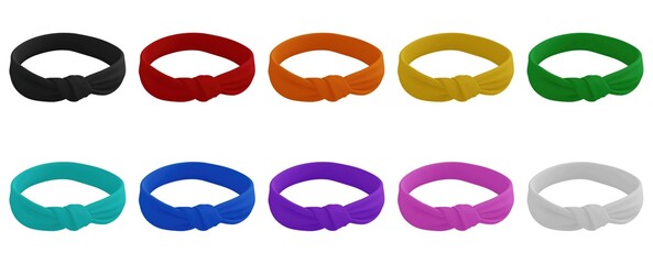 collection of vibrant knotted headbands in various colors, isolated on a white background, perfect for fashion or sportswear, Generative ai.
