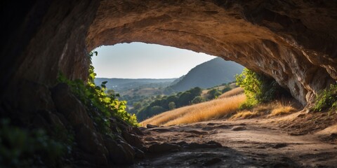 A Glimpse of a Lush Landscape Through a Cave Entrance.