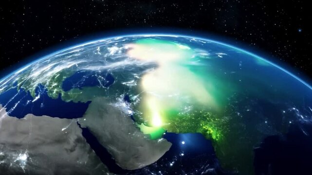 A serene and cosmic perspective of Earth, showcasing shimmering auroras and the soft glow of a celestial body on its side.