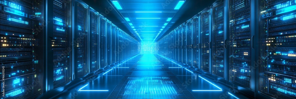 Poster this image showcases an illuminated server aisle with rows of servers. the blue light symbolizes dat