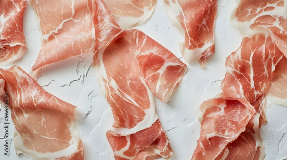 Poster 4. thin slices of prosciutto with delicate marbling and a slightly translucent texture, presented ag