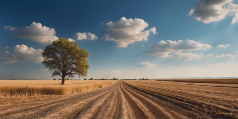 Fototapeta premium Scenic drought farmland under a bright blue sky.