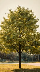 Naklejka premium A wide shot of a full tree with abundant foliage, framed by a light color background, ideal for adding custom text or graphics,No blurriness