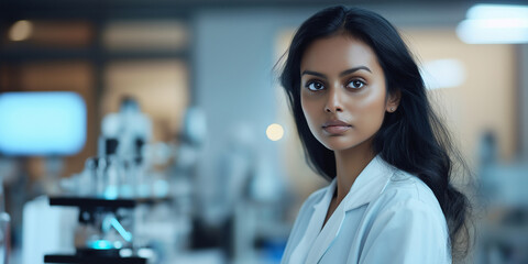 Fototapeta premium A woman in a lab coat stands in front of a microscope