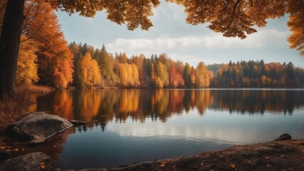Obraz premium Serene Autumn Lakeside Landscape with Colorful Reflective Foliage.