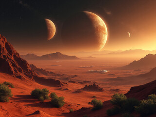 Martian Landscape with Distant Space Colony and Three Moons Overlooking Red Desert with Rocky Hills and Sparse Vegetation