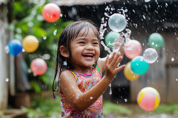 Fototapeta premium A young girl is playing with a bunch of colorful balloons and water