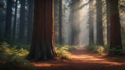 Fototapeta premium a scene highlighting the beauty of towering redwoods in a peaceful forest grove.