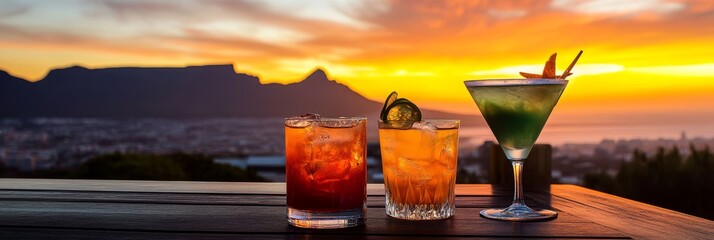 Fototapeta premium Three cocktails on a wooden table with a scenic sunset view of Table Mountain in the background. The image symbolizes relaxation, luxury, travel, and beautiful scenery.