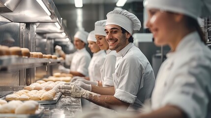 A bakery production environment where a group of workers, dressed in white uniforms and hairnets, are joyfully working together. as they prepare dough and operate machinery in a large. Generative AI.