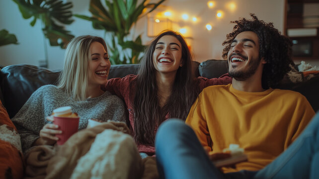 Three people are sitting on a couch, laughing and enjoying each other's company