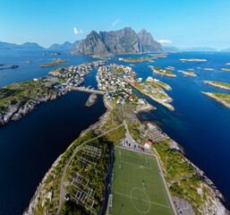 Aerial shot of Henningsvaer, Lofoten in Norway