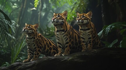 Three Marbled Cats gaze upwards in a lush rainforest environment. Their spotted fur blends seamlessly with the foliage