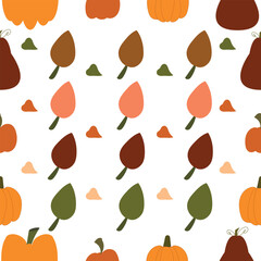 Hand drawn seamless autumn minimalistic leaves and pumpkin pattern. Stock vector illustrator