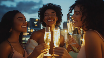 Three women are smiling and holding up champagne glasses