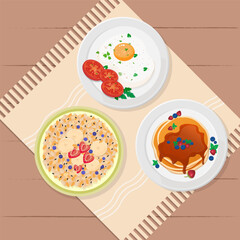 Concept of healthy breakfast. Three breakfast options:eggs with tomatoes and parsley;pancakes with berries; porrige with fruit and sesame seeds. Vector illustration on beige, brown background.
