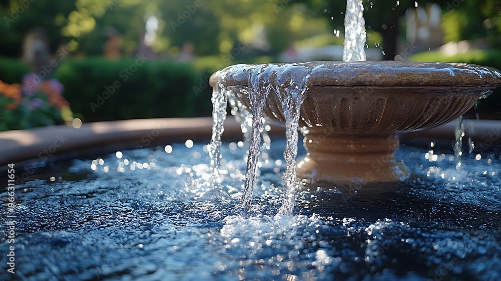 Aufkleber close-up of a water fountain with water cascading down into the basin, creating a refreshing and cal