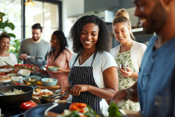A group of people are gathered around a table with food