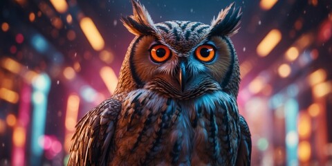 A giant owl made of glass soaring through a storm of neon lights.