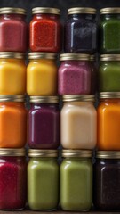 Naklejka premium Colorful Smoothie Bottles with Fresh Fruits and Vegetables.