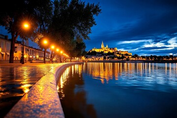 Fototapeta premium The RhÃ´ne River at dusk, with street lamps reflecting on the water and Avignonâ€™s medieval skyline illuminated in the background