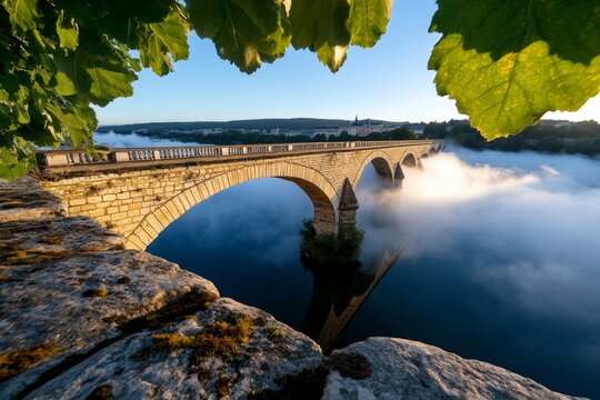 The Pont Saint-B&Atilde;&copy;n&Atilde;&copy;zet at dawn, with mist rising from the river and the ancient stone bridge emerging through the fog