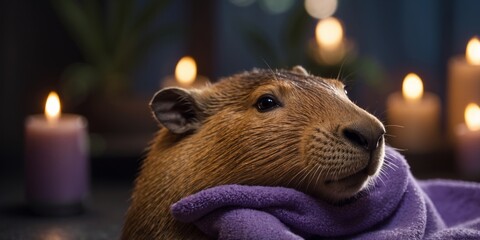 Capybara with purple towel in candlelit spa.