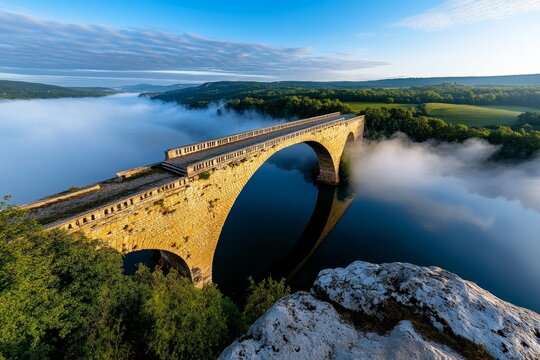 The Pont Saint-B&Atilde;&copy;n&Atilde;&copy;zet at dawn, with mist rising from the river and the ancient stone bridge emerging through the fog