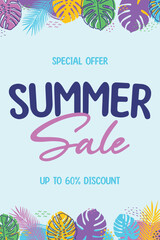 Abstract Summer Sale poster with hand drawn leaves. Vector illustration