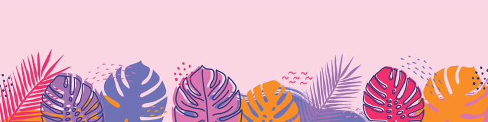 Colourful summer banner with tropical leaves. Vector illustration