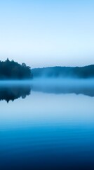 A tranquil lake scene captured at dawn, with mist hovering over the water and a stunning blue hue,No blurriness
