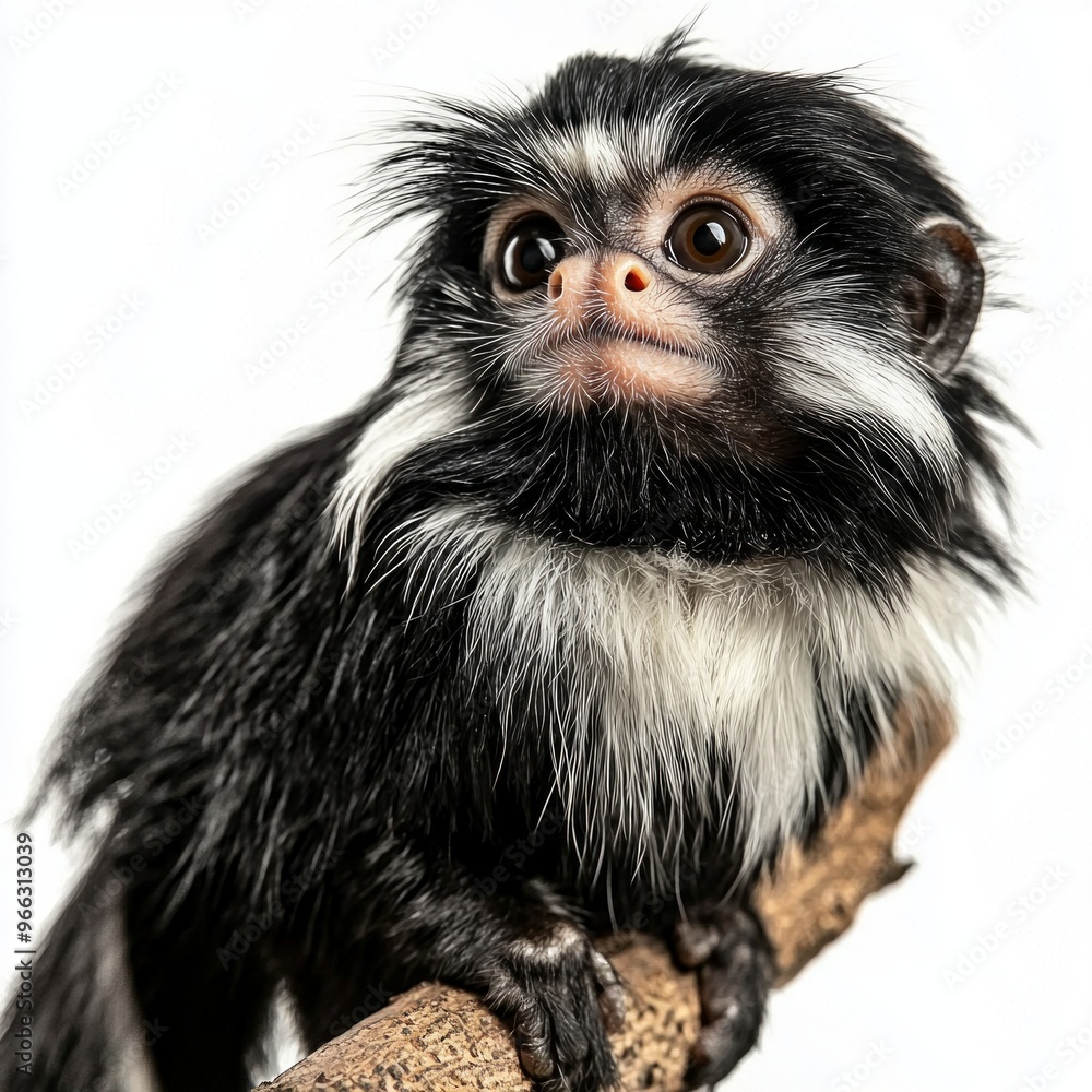Poster tamarin monkey relaxes on a branch with its tail elegantly draped, displaying an engaging and expres