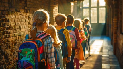 Obraz premium Children in Line with Colorful Backpacks Walking Through a Bright Hallway