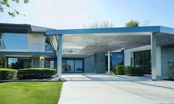Nowoczesne, stalowe zadaszenie samochodu przed eleganckim, rodzinnym domem. Prosta, funkcjonalna konstrukcja idealnie wpisuje się w estetykę wsp&oacute;łczesnej architektury.