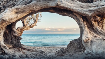 Fototapeta premium Rustic driftwood arch framing a peaceful view of a serene beach and calm sea.
